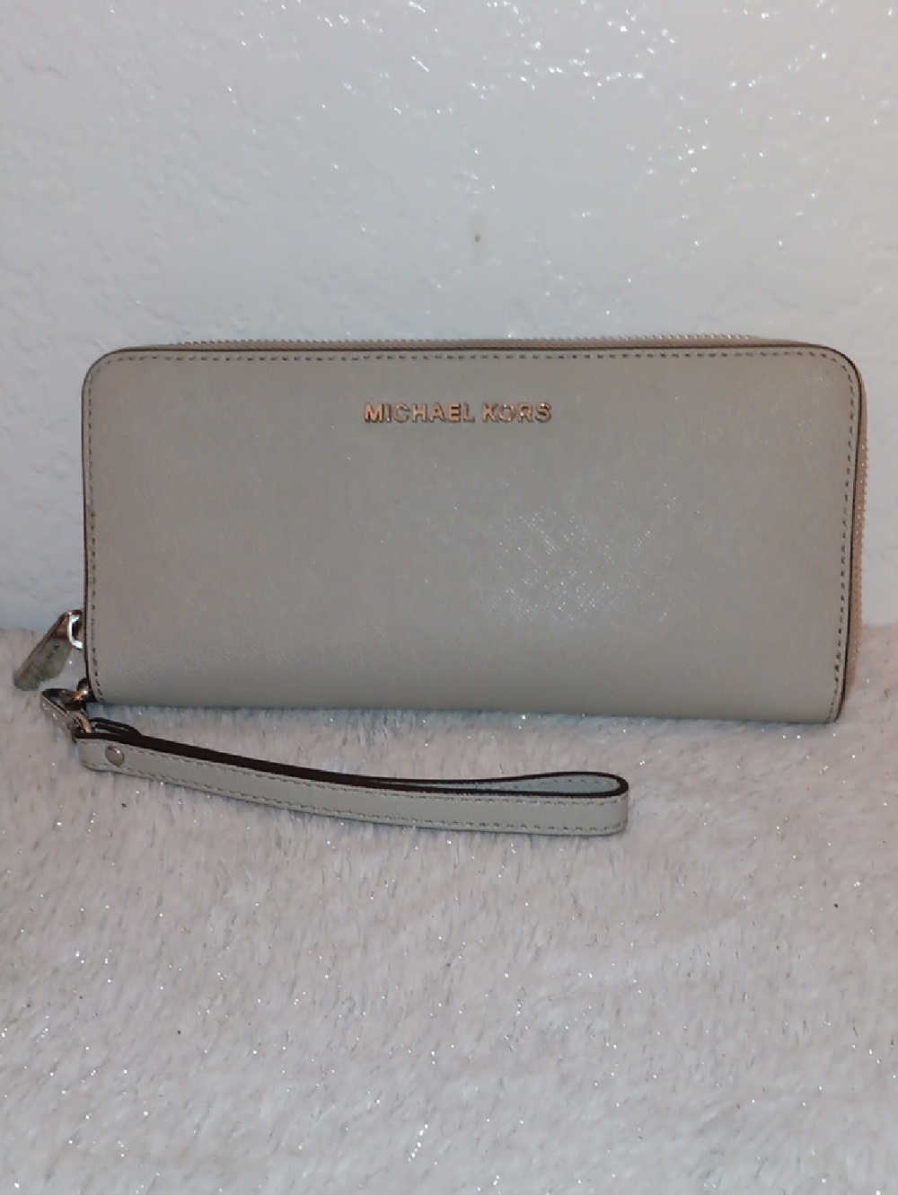 Michael Kors Light Beige Saffiano Zip-Around Wristlet Wallet with Gold Logo